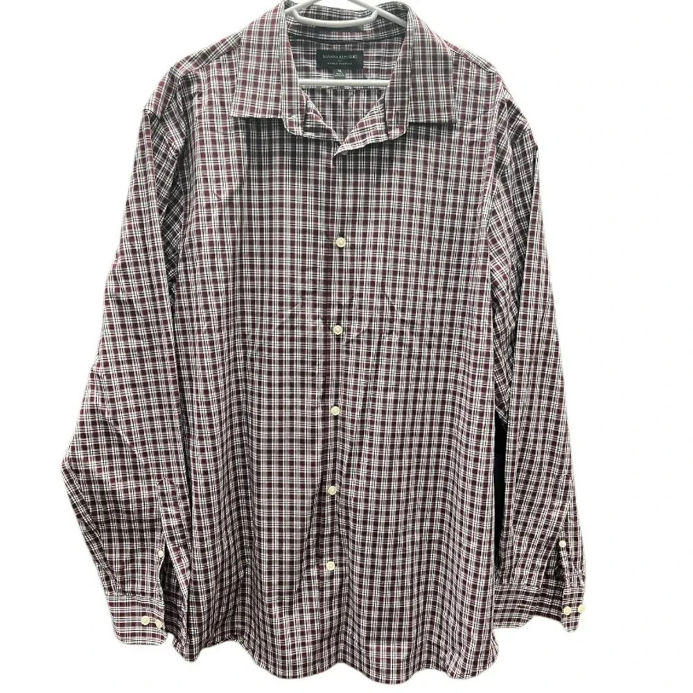 Banana Republic Mens Maroon Button Down Wrinkle Resistant Xl Striped Long Sleeve